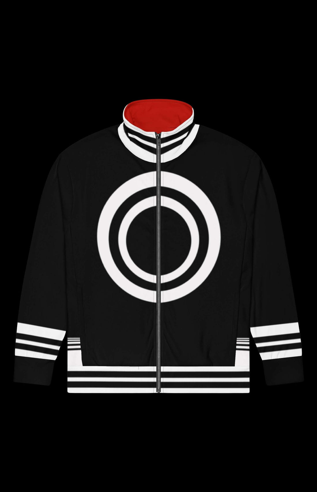 Khaos Track Jacket in black with white circular design and red collar, ideal for workouts and casual wear.