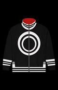 Khaos Track Jacket in black with white circular design and red collar, ideal for workouts and casual wear.