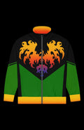 Fire Nugget Track Jacket featuring vibrant flames on a black zip-up design with green and orange accents.