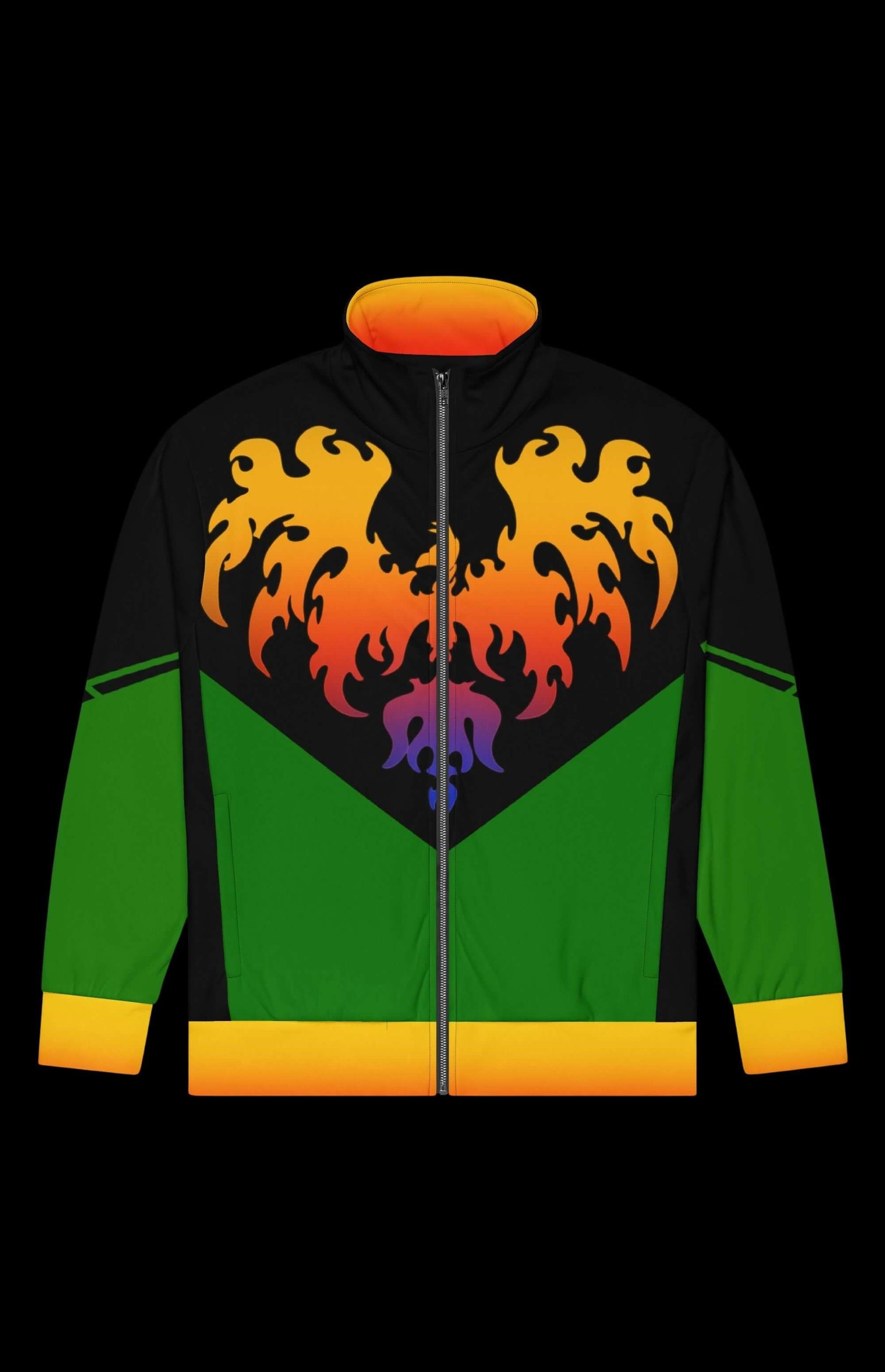 Fire Nugget Track Jacket featuring vibrant flames on a black zip-up design with green and orange accents.