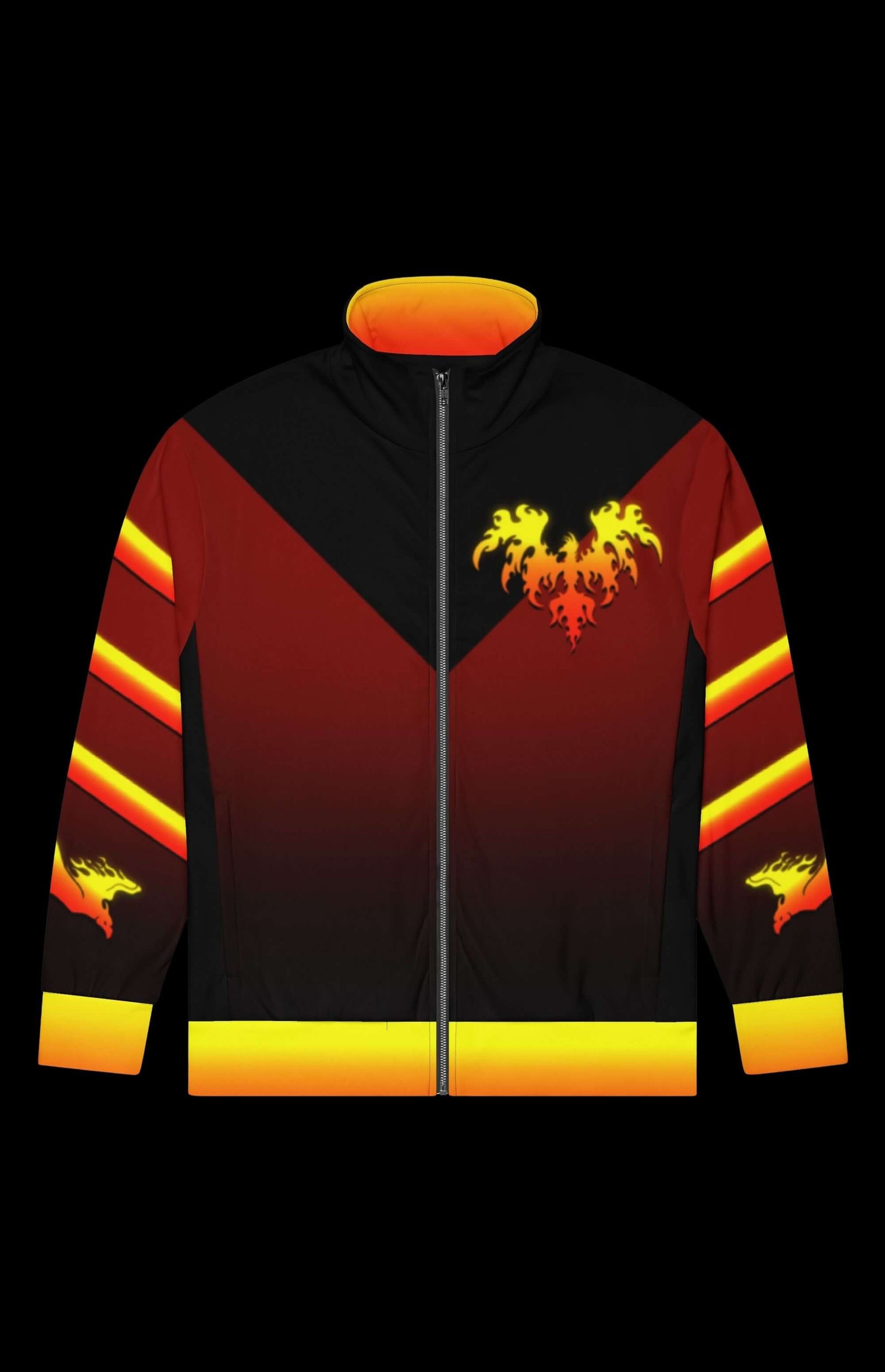 Spicy Fire Nugget Track Jacket featuring vibrant flames and a bold design, perfect for workouts and casual wear.