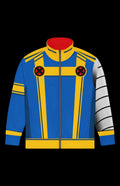 Cord MVC Track Jacket in blue and yellow with red collar, featuring zip-up front and unique design.