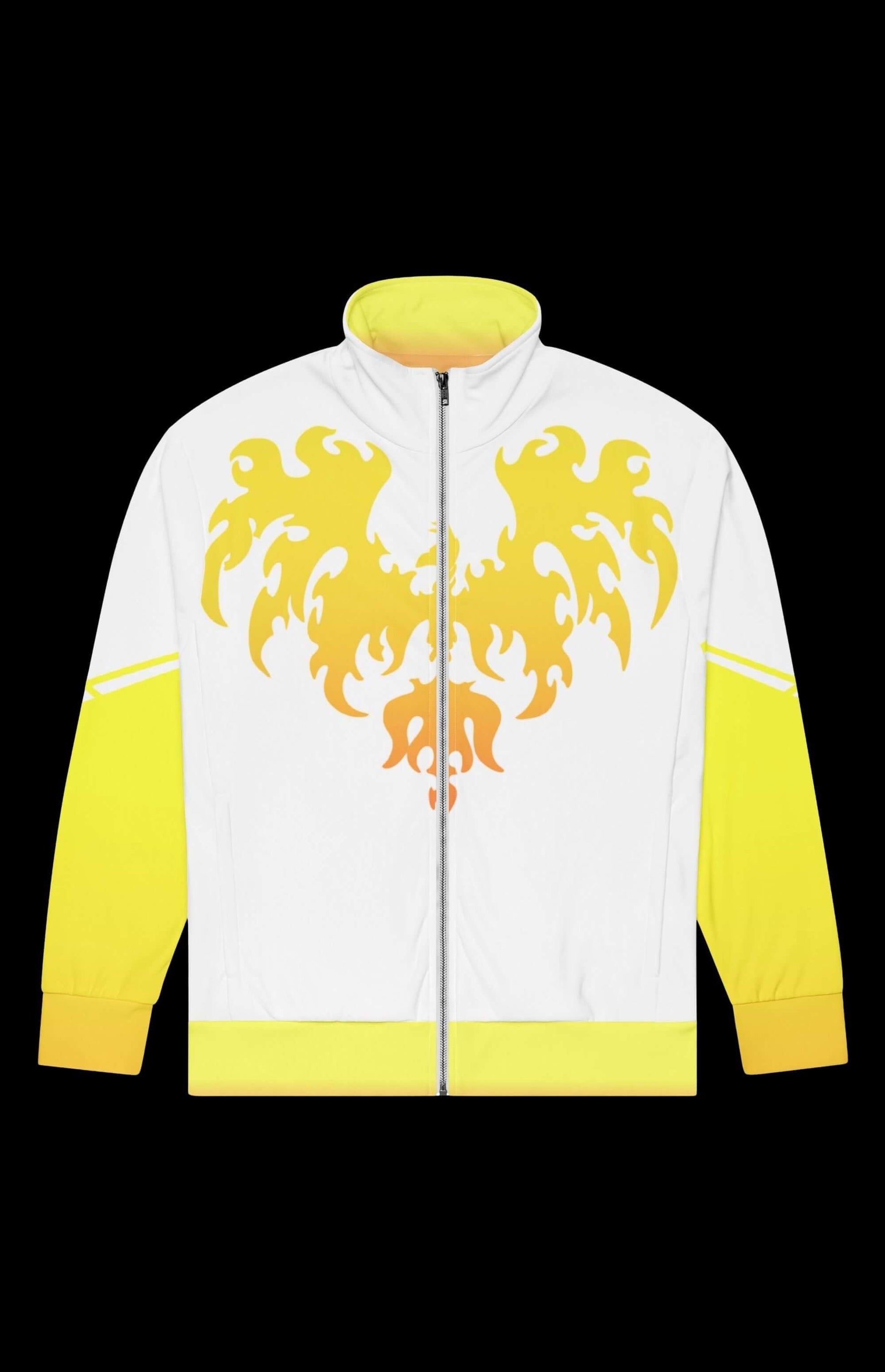 Golden Nugget Track Jacket with a vibrant flame design and bright yellow accents.