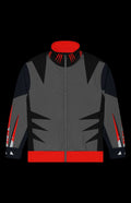 Bloody Badger Track Jacket featuring a zip-up design, brushed fleece, and vibrant red accents for stylish warmth.