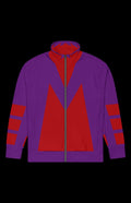 Magnet Master Track Jacket in purple and red with zip-up front and striped sleeves on a black background.