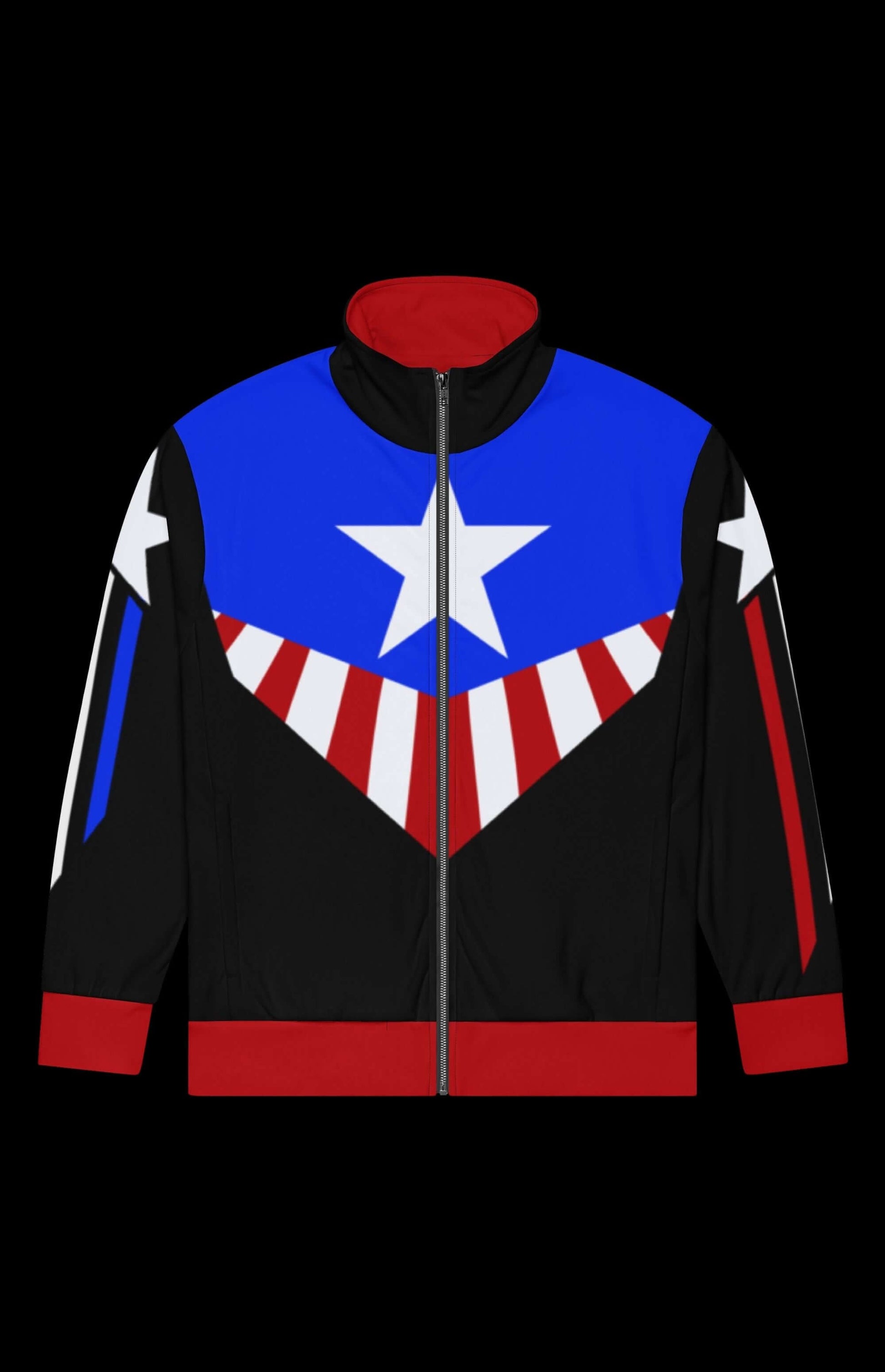 The Bucky Track Jacket with colorful star and stripe design, perfect for workouts and everyday wear.