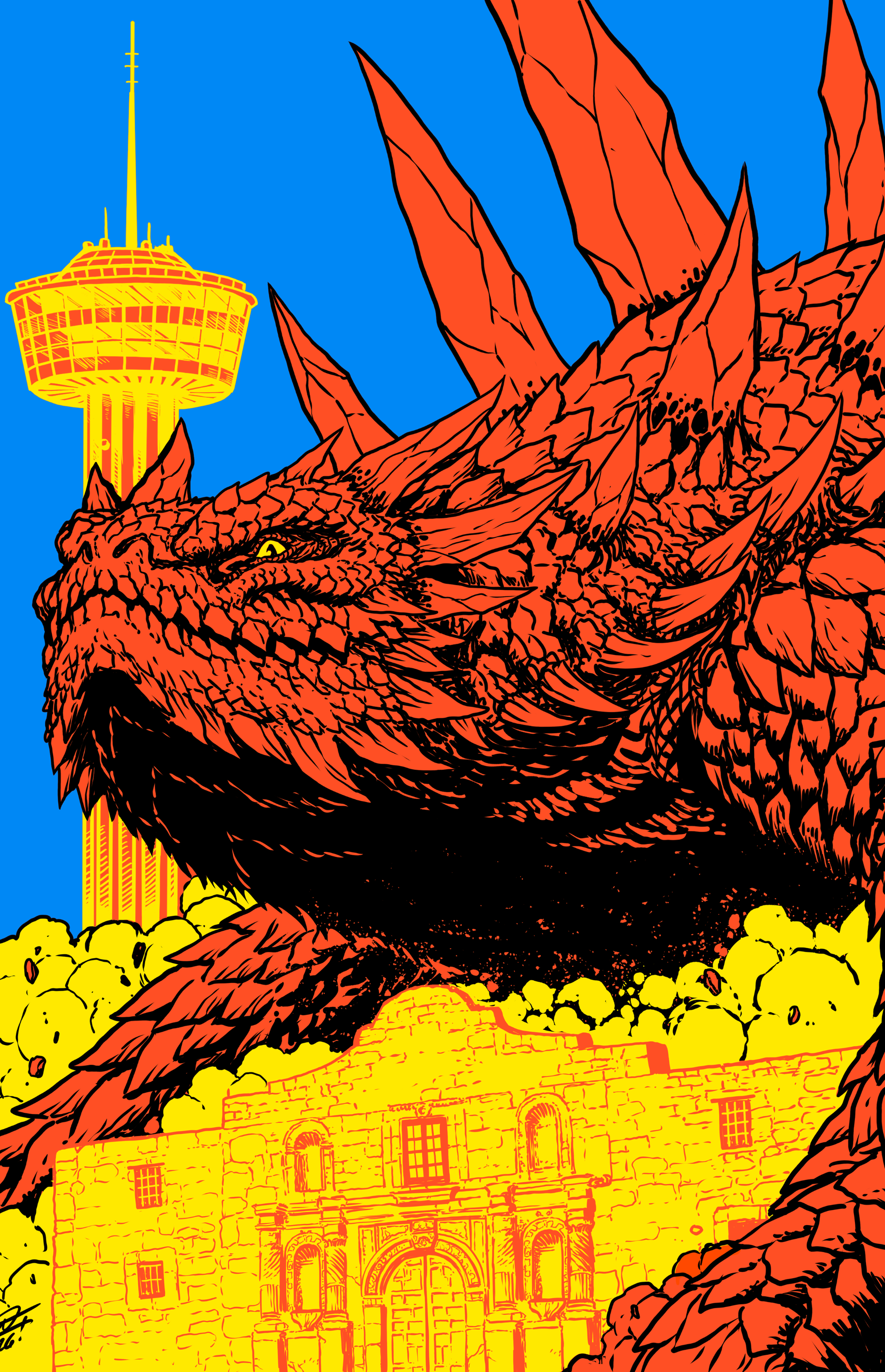 Vibrant illustration of a giant dragon against a blue sky, featuring landmarks like the Tower and Alamo.