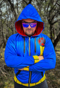 One-Eye Zip-up Hoodie featuring bold blue color and visor-style sunglasses.
