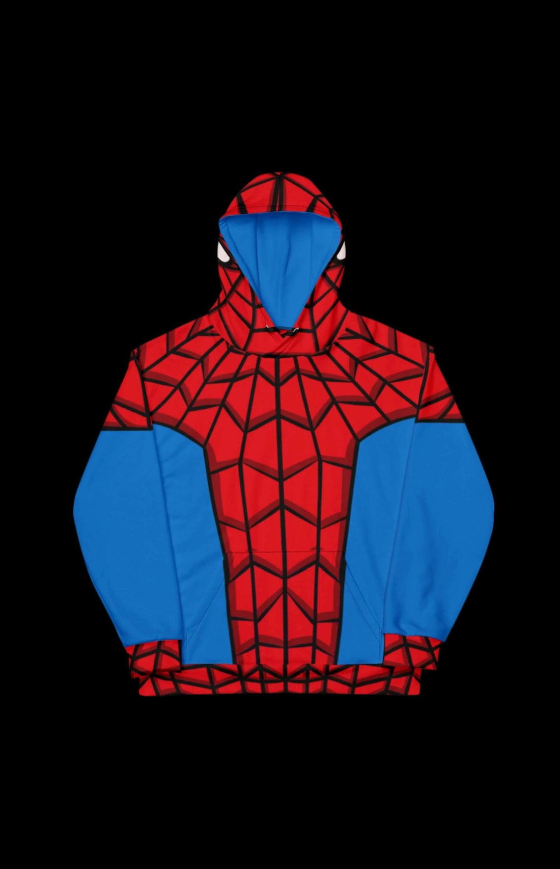 Arachnid Guy Pullover Hoodie in red and blue, featuring a comic-inspired design with spider web patterns.