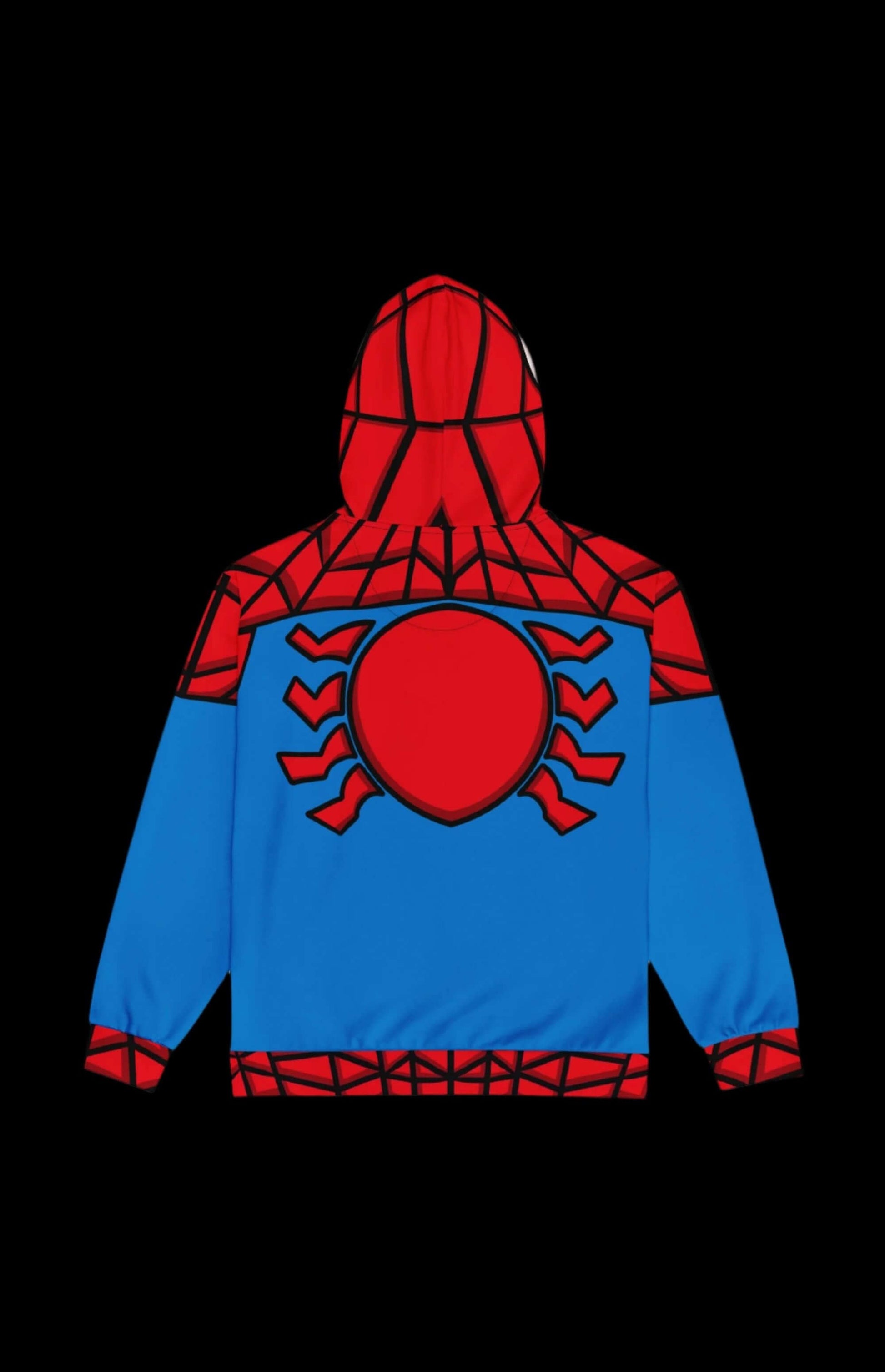 Back view of the Arachnid Guy Zip-up Hoodie featuring vibrant red and blue spider-inspired design.
