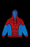Red and blue Arachnid Guy Zip-up Hoodie with spider web design, perfect for comic book fans and stylish adventures.