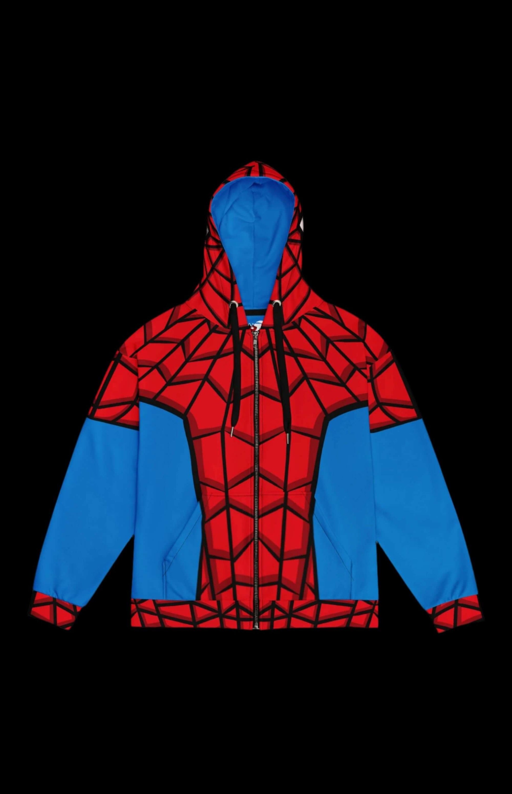 Red and blue Arachnid Guy Zip-up Hoodie with spider web design, perfect for comic book fans and stylish adventures.