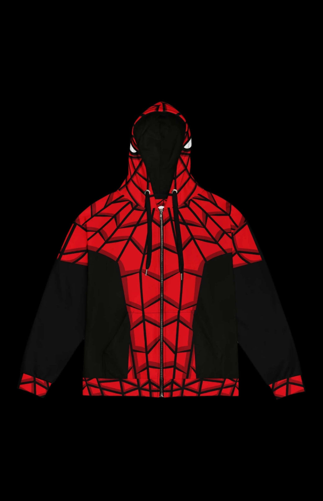 Red and blue Arachnid Guy Zip-up Hoodie with spider web design, perfect for comic book fans and stylish adventures.