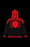 Back view of Arachnid Guy Zip-up Hoodie featuring striking red spider web design against a black backdrop.