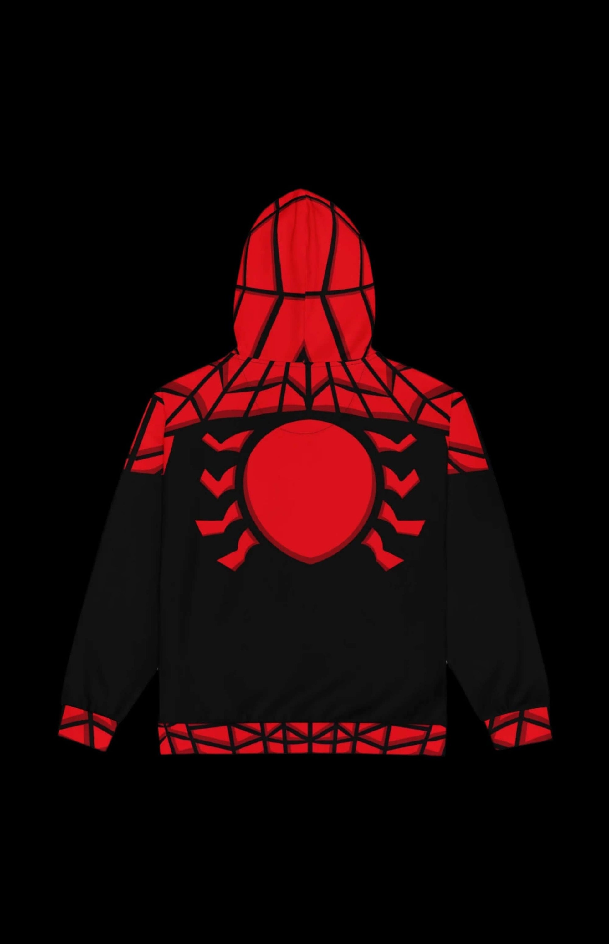 Back view of Arachnid Guy Zip-up Hoodie featuring striking red spider web design against a black backdrop.