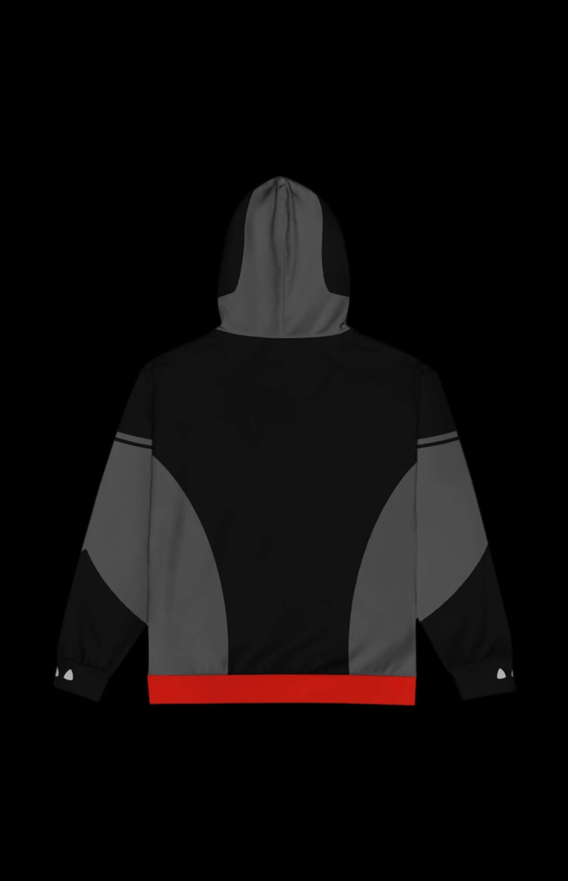 Back view of the stylish Badger Zip-up Hoodie featuring a modern black and grey design with a pop of red.