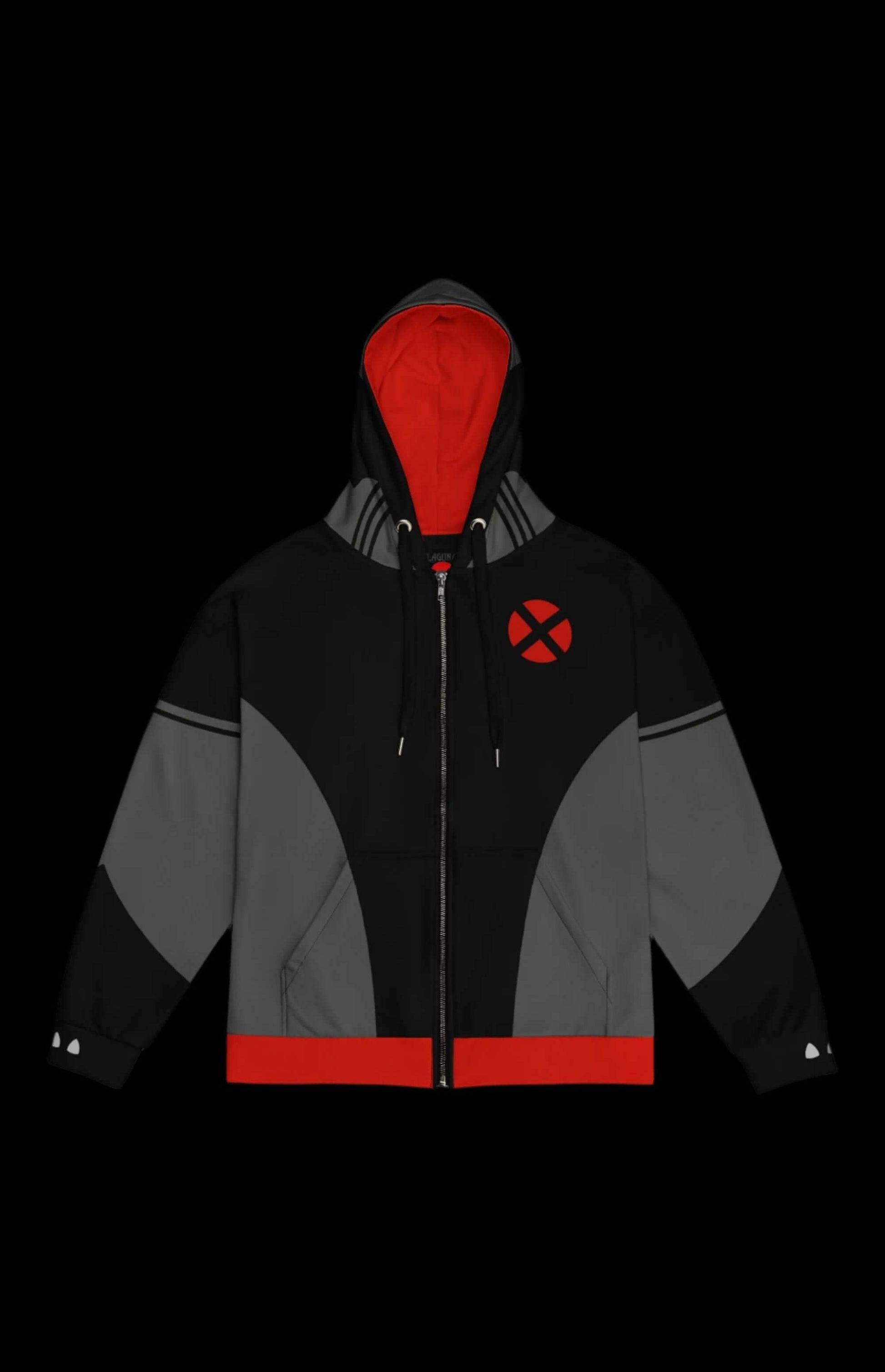 Badger Zip-up Hoodie in black and gray with red accents, featuring a comic-book-inspired design and cozy fabric.