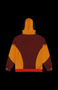 Back view of a brown and orange unisex zip-up hoodie, featuring a stylish design with a cozy fit.
