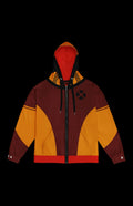 Brown Badger zip-up hoodie with drop shoulders and vibrant orange and yellow design, made from recycled materials.