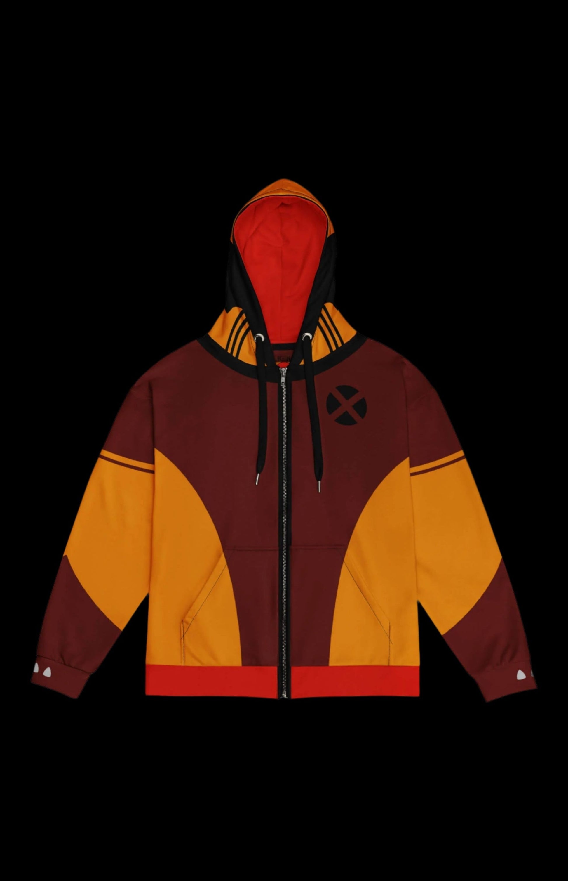 Brown Badger zip-up hoodie with drop shoulders and vibrant orange and yellow design, made from recycled materials.