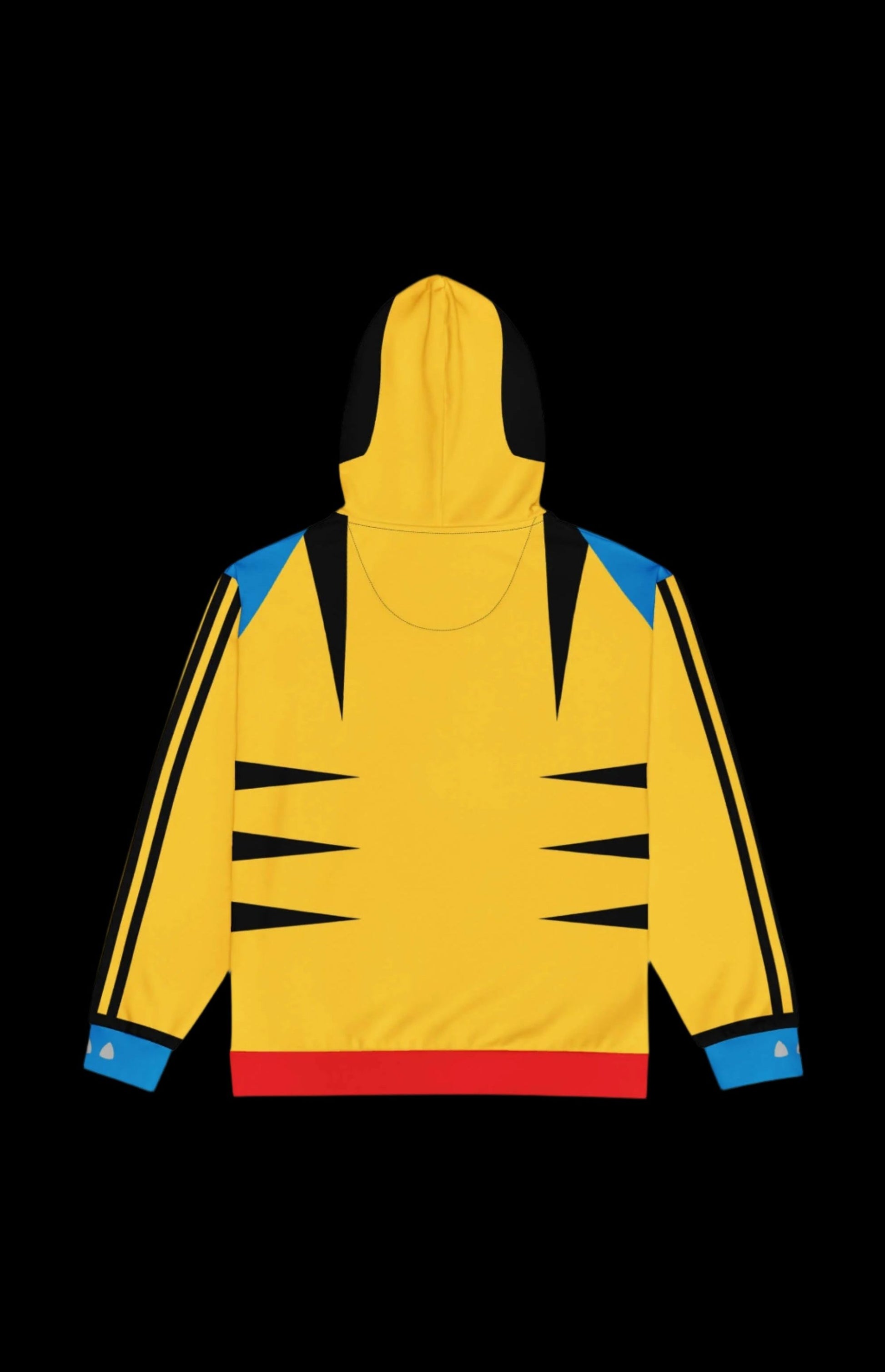 Colorful yellow zip-up hoodie with bold black stripes and blue accents, perfect for casual wear and sporty style.
