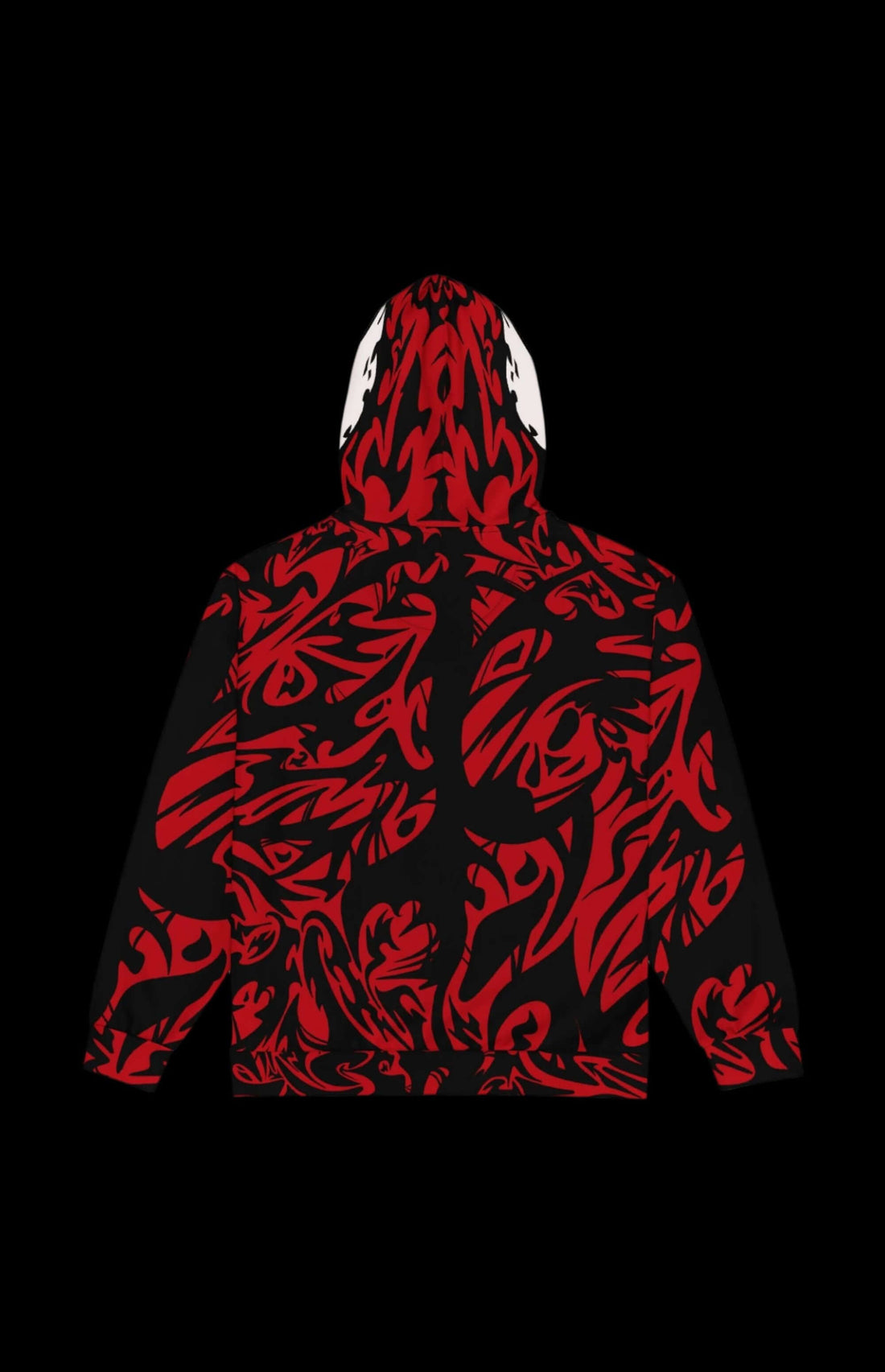 Bloodbath Zip-up Hoodie in red and black, featuring comic-inspired chaos and a soft, striped interior.