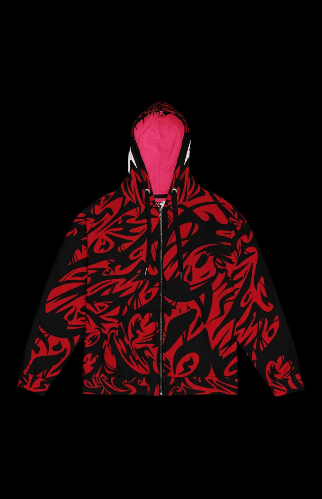 Bloodbath Zip-up Hoodie in red and black, featuring comic-inspired chaos and a soft, striped interior.
