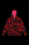 Bloodbath Zip-up Hoodie in red and black, featuring comic-inspired chaos and a soft, striped interior.