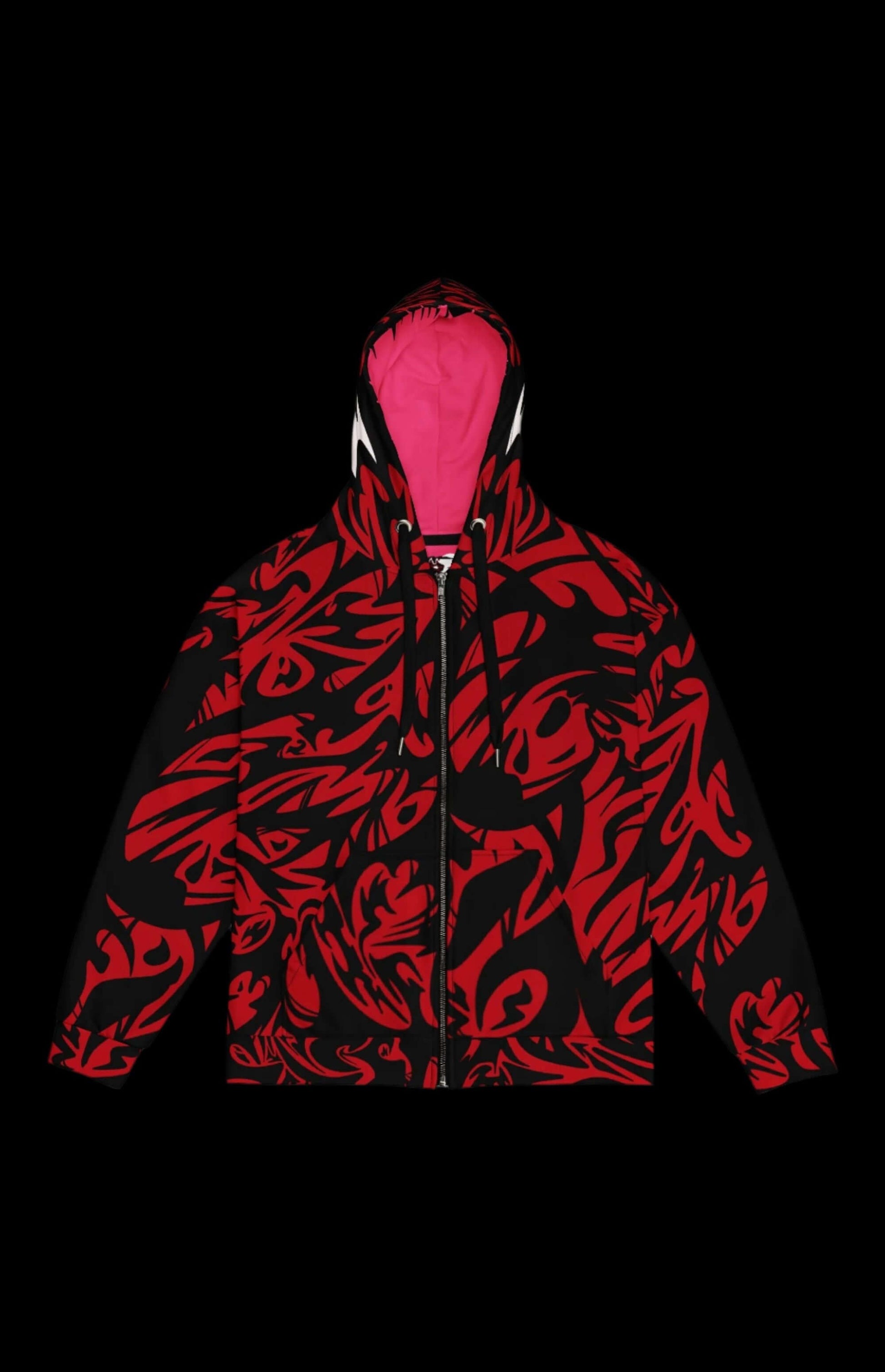 Bloodbath Zip-up Hoodie in red and black, featuring comic-inspired chaos and a soft, striped interior.