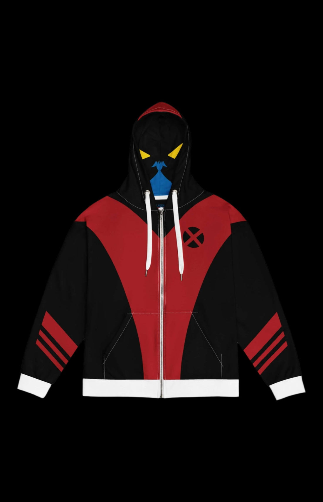 Stylish zip-up hoodie with bold red and black design, featuring a unique hood illustration for a modern look.