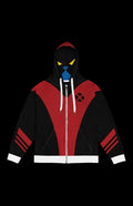 Stylish zip-up hoodie with bold red and black design, featuring a unique hood illustration for a modern look.
