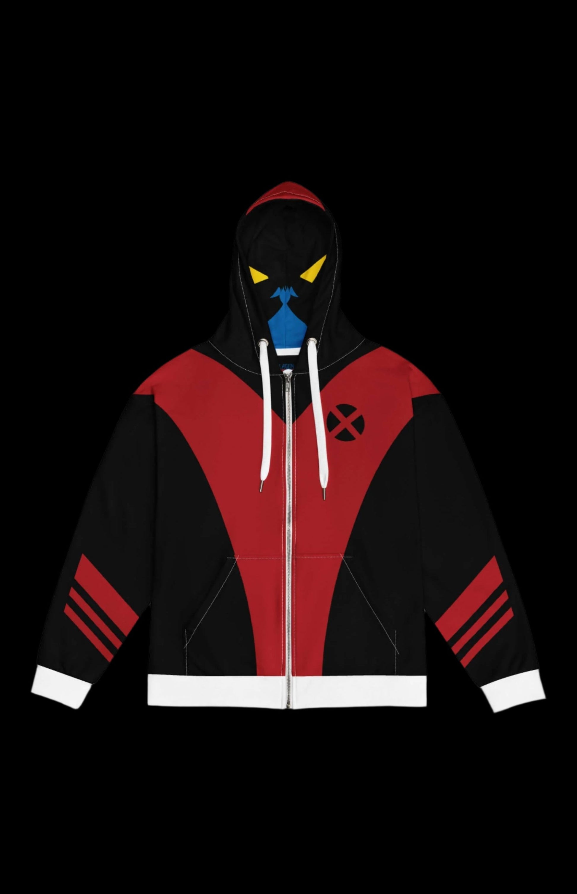 Stylish zip-up hoodie with bold red and black design, featuring a unique hood illustration for a modern look.