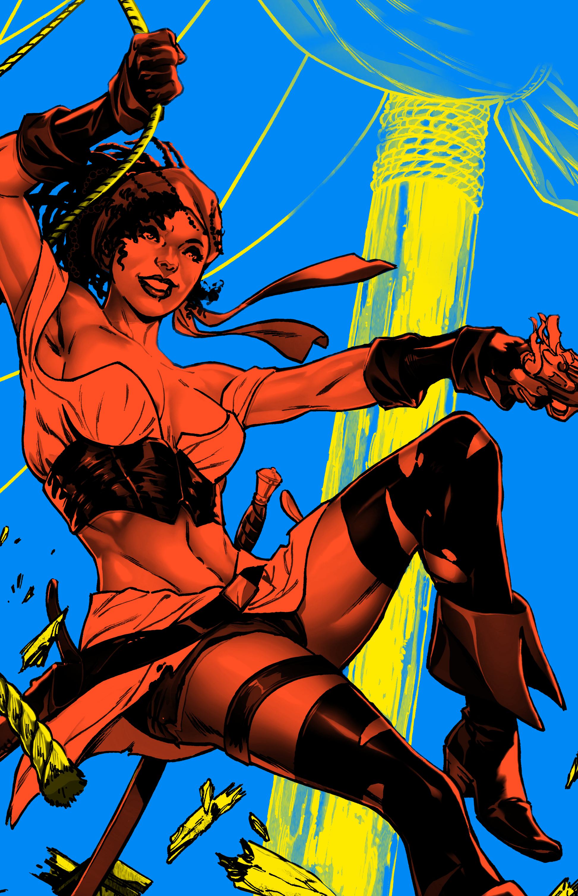 Dynamic comic-style illustration of a confident character on ropes with a vibrant blue background.