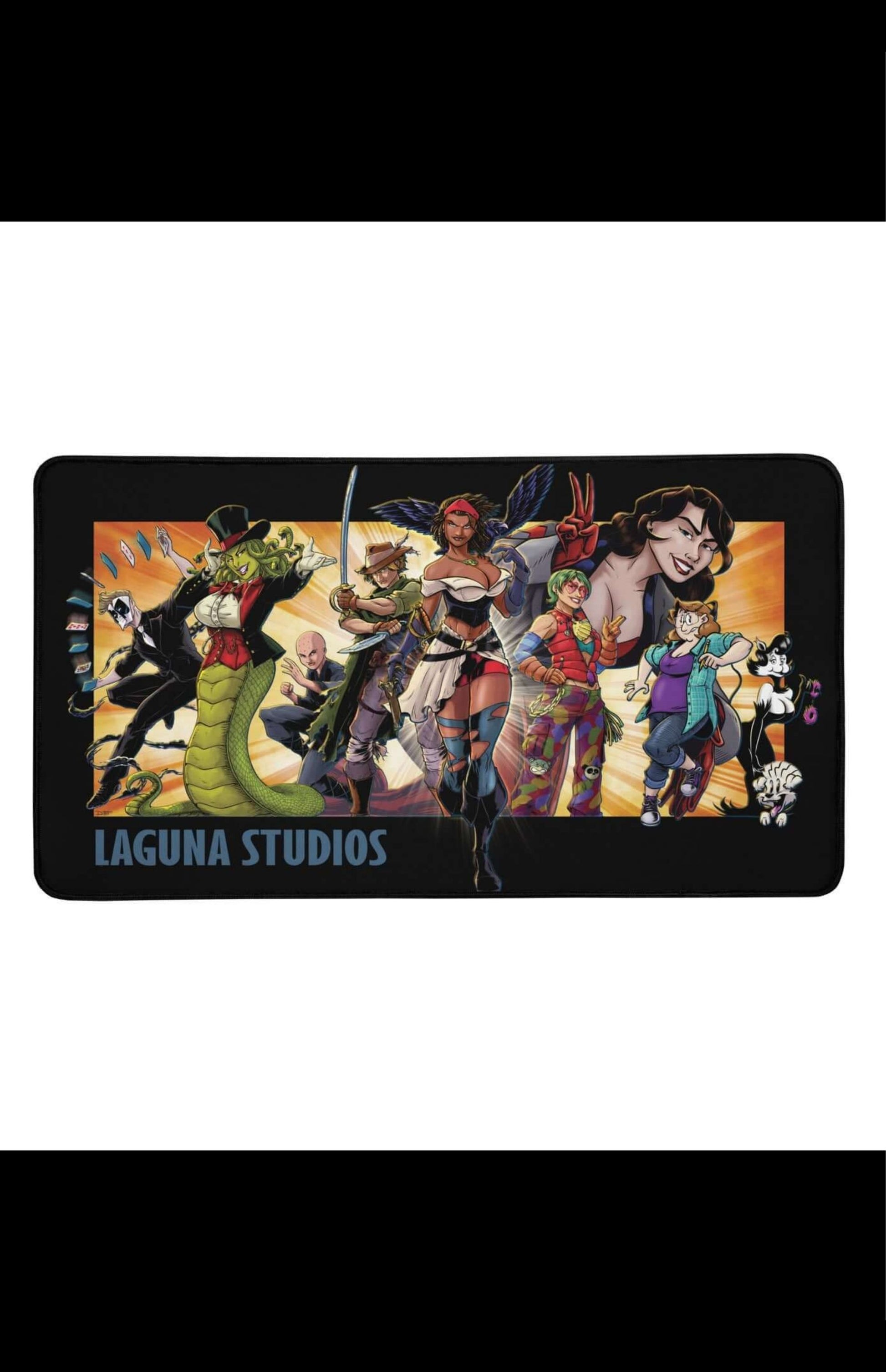 Laguna Studios Desk Mat featuring iconic studio artwork and characters, perfect for gamers and artists.