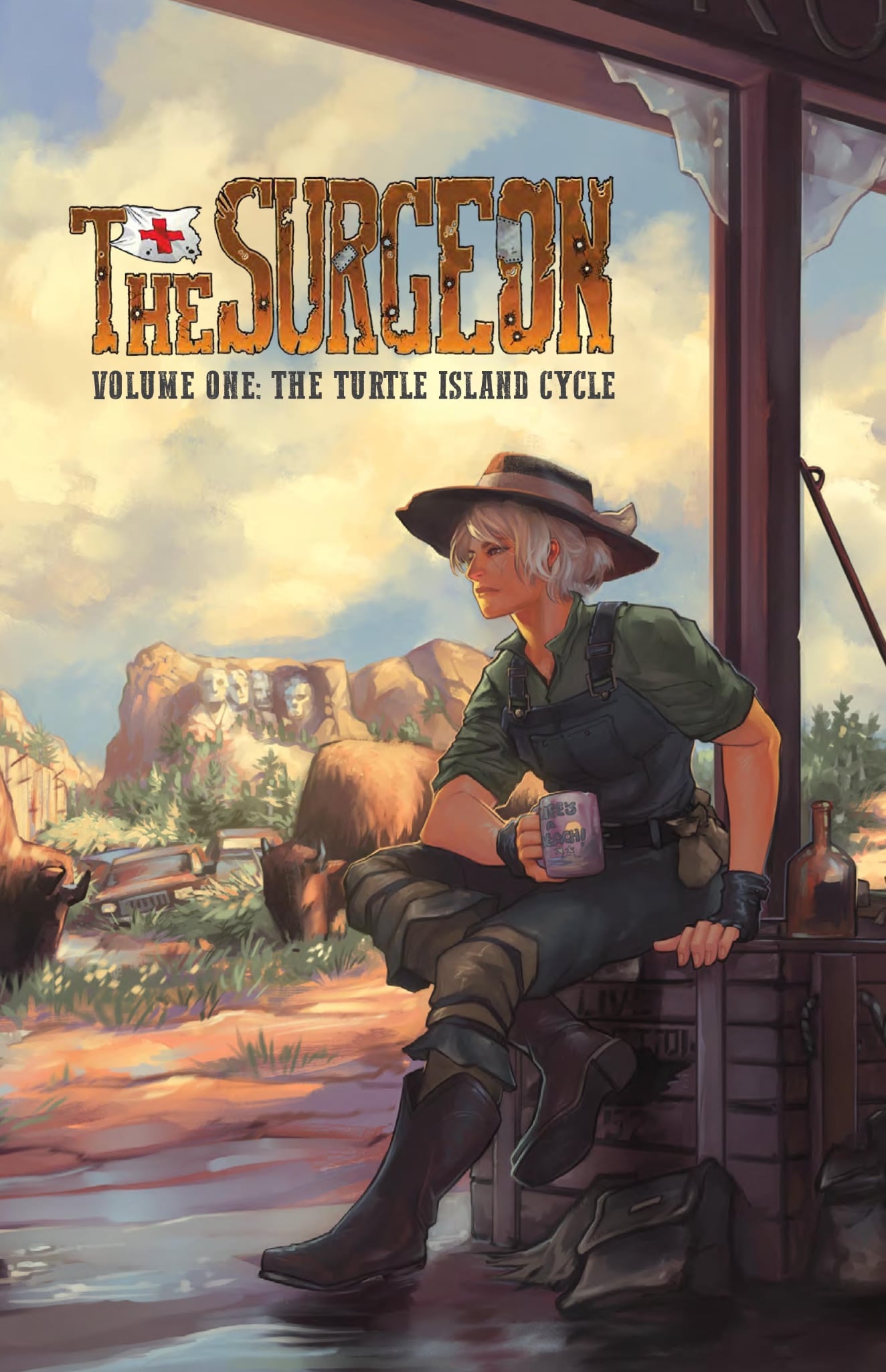 Cover art for The Surgeon Volume One: The Turtle Island Cycle featuring a samurai in a post-apocalyptic setting.