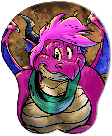 Colorful cartoon dragon with pink hair and blue wings, smiling cheerfully against a textured background.