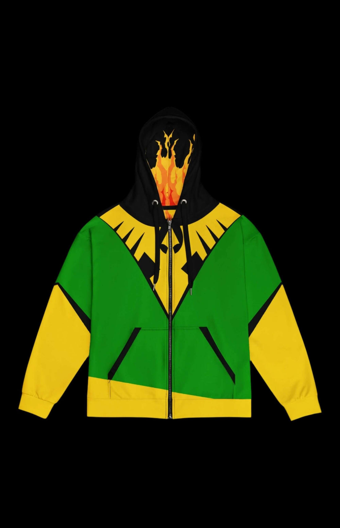 Fire Nugget zip-up hoodie in vibrant green and yellow with a stylish flame design, perfect for cozy everyday wear.