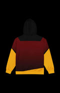 Back view of the Fire Nugget Zip-up Hoodie featuring vibrant black, red, and yellow color blocks.