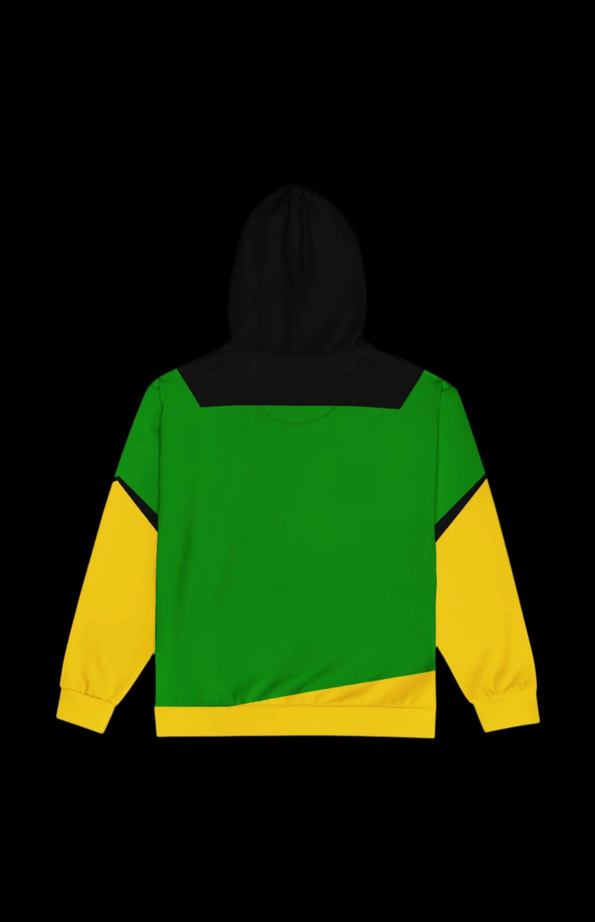 Back view of the Fire Nugget zip-up hoodie featuring a vibrant green, yellow, and black design, perfect for stylish comfort.