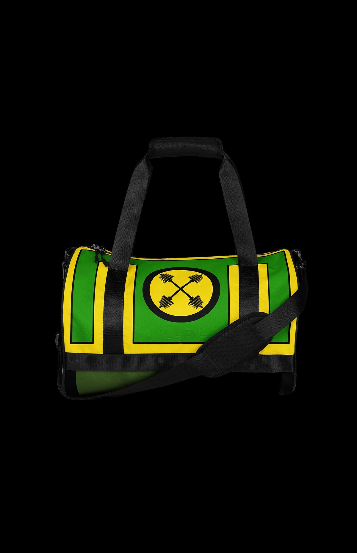 Southern Sugah Gym Bag front in green and yellow with a crossed-dumbbell X emblem