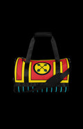 Titan Gym Bag front in red and yellow with a crossed-dumbbell X emblem and striped base