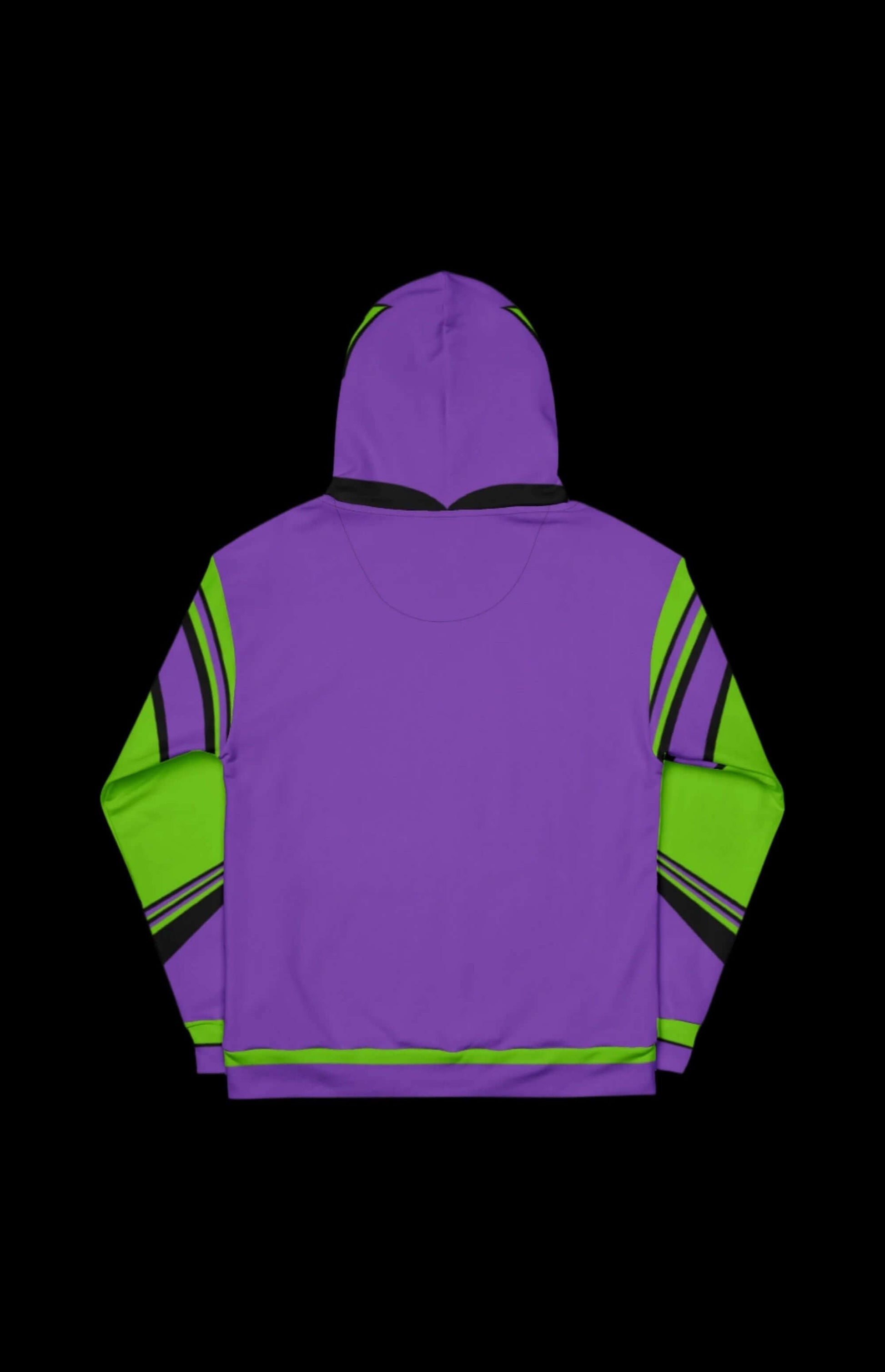 Back view of the vibrant Green Gremlin Pullover Hoodie with purple and green design, perfect for retro villain vibes.