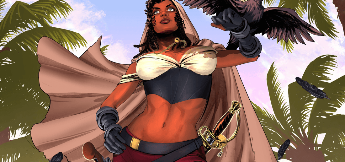 Bold female character in a cape and sword, flanked by a raven, with palm trees and a colorful sky.slider_item_F4J7Fb