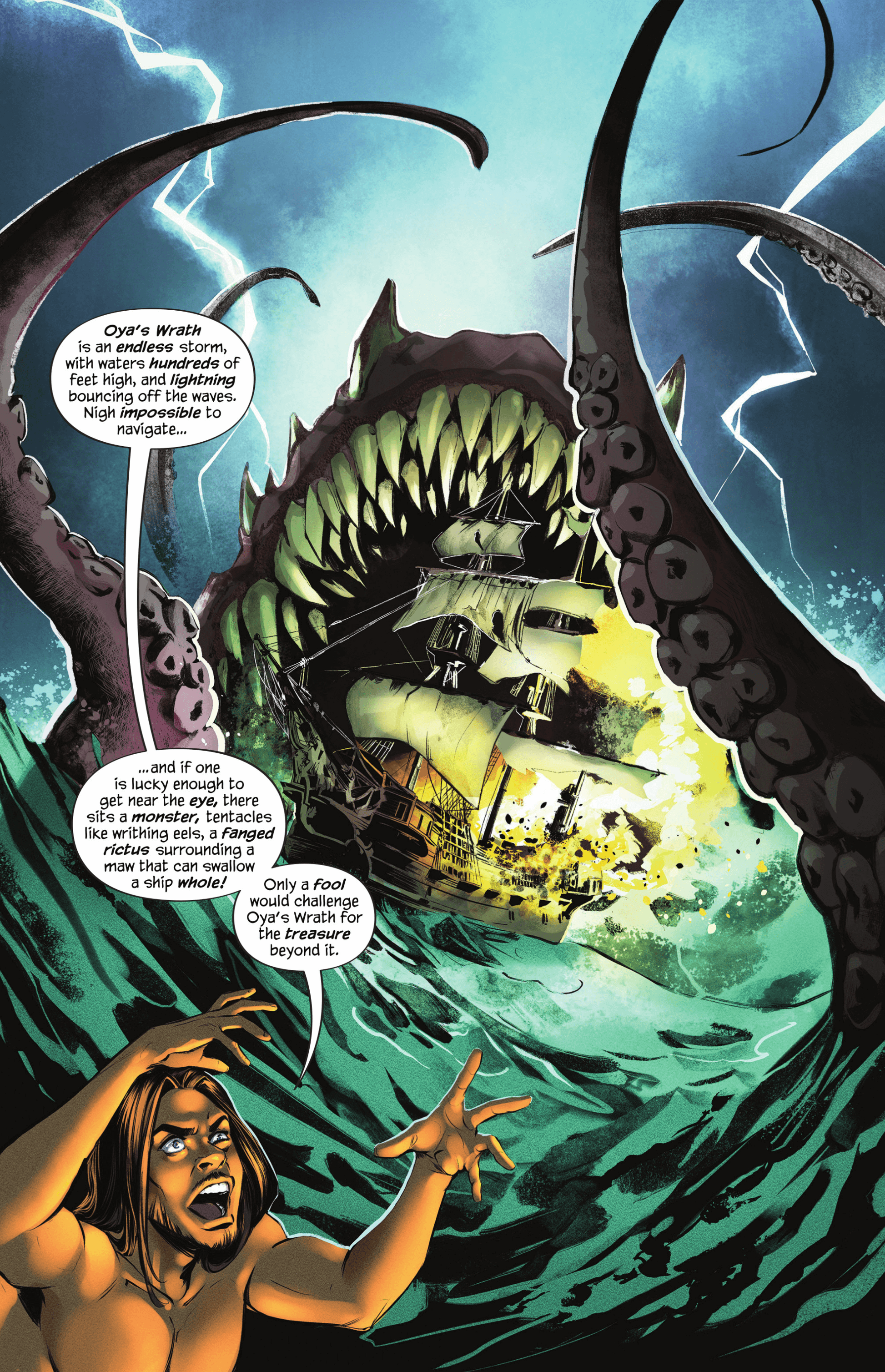 Hearteater Issue 2 featuring Kimona confronting a monstrous sea creature while navigating treacherous waters.