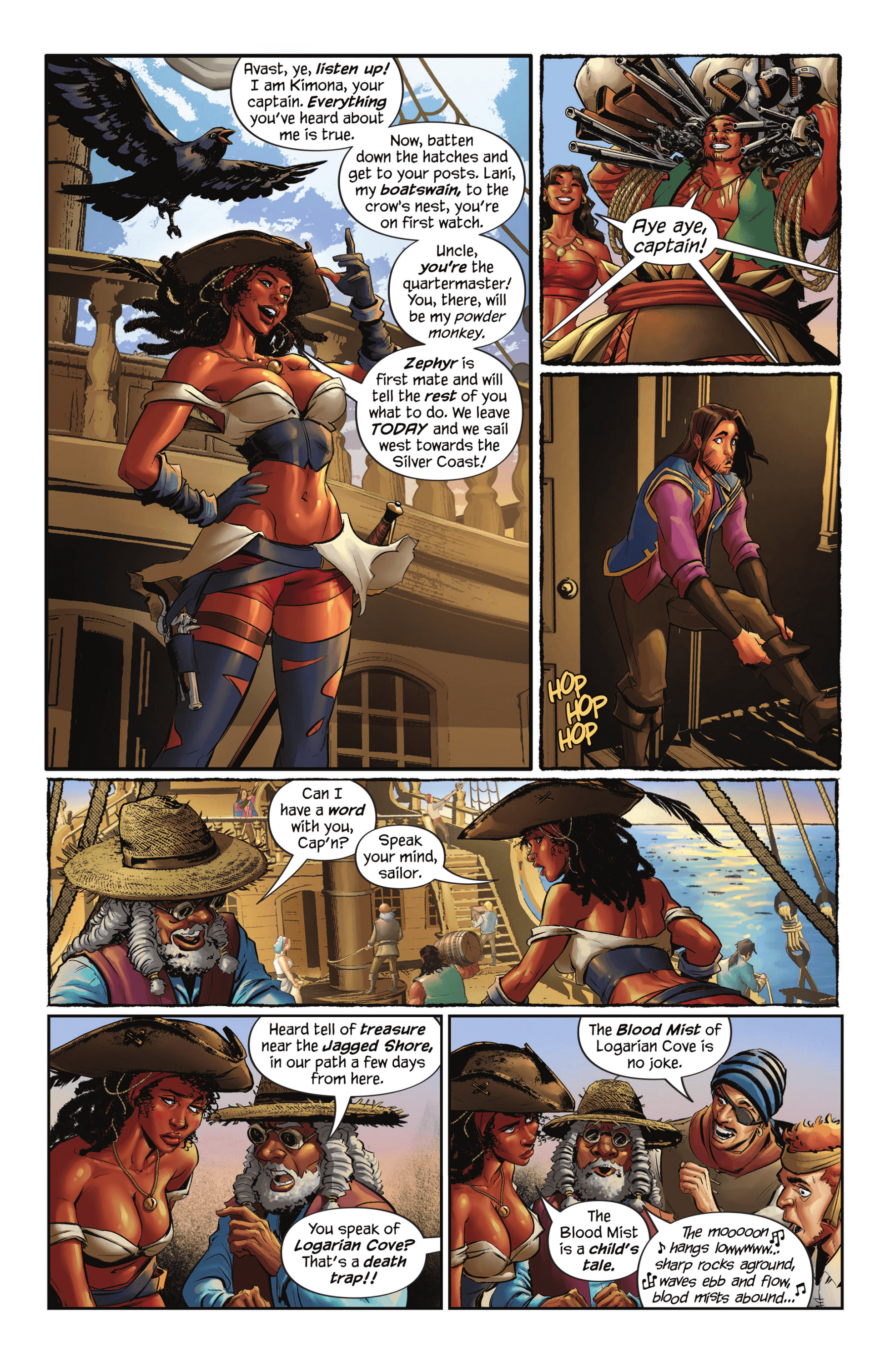Hearteater Issue 2 comic page featuring pirate Kimona with her crew discussing adventures and treasures.
