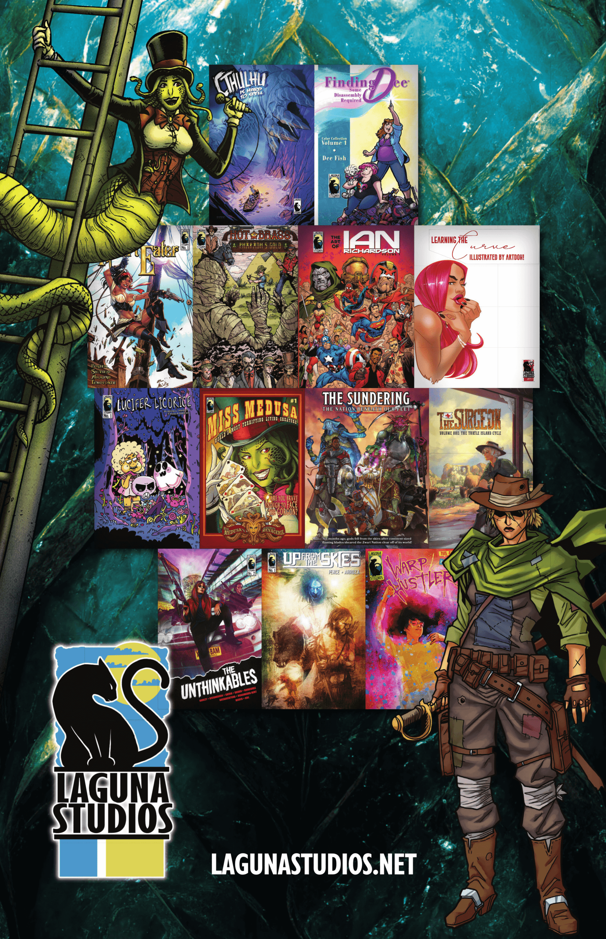 Hearteater Issue 2 alongside other comics from Laguna Studios, showcasing vibrant artwork and diverse characters.