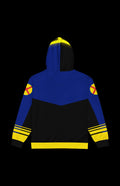 Back view of the 90s Chaos Zip-up Hoodie in navy and black with yellow trim