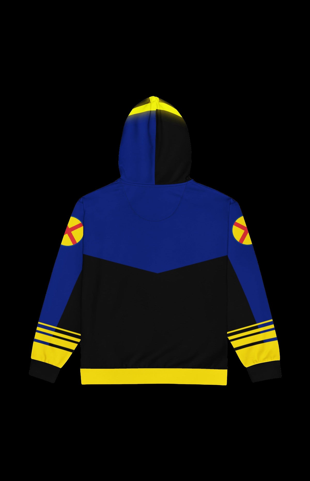 Back view of the 90s Chaos Zip-up Hoodie in navy and black with yellow trim