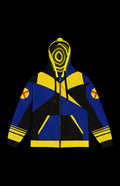 90s Chaos Zip-up Hoodie front in navy and black with a yellow energy-ring hood and striped cuffs