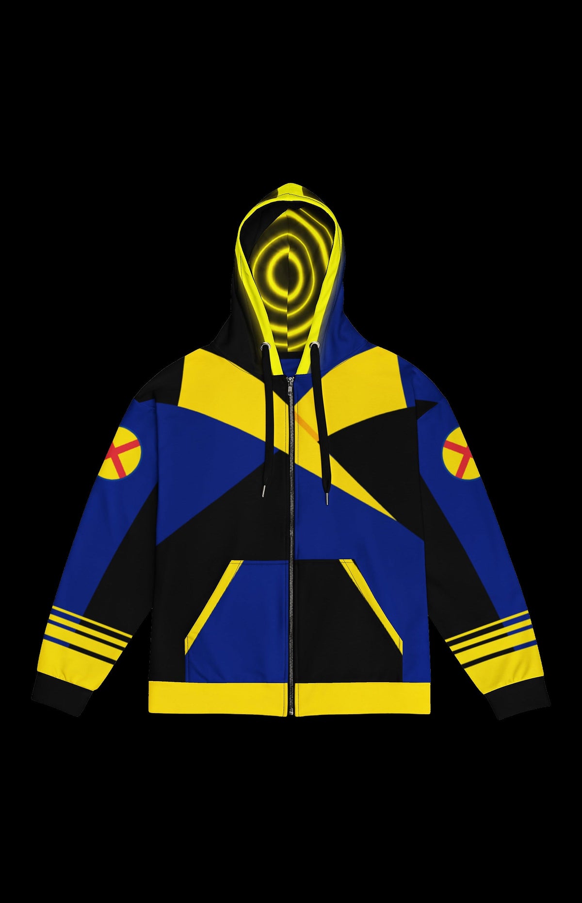 90s Chaos Zip-up Hoodie front in navy and black with a yellow energy-ring hood and striped cuffs